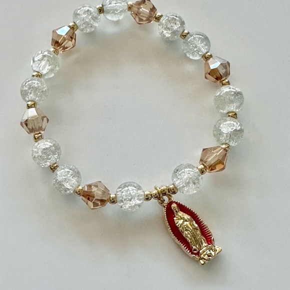 Clear Glass Beads With Virgin Mary Charm Stretch Faith Bracelet 1 OSFM Brand New - Picture 1 of 4